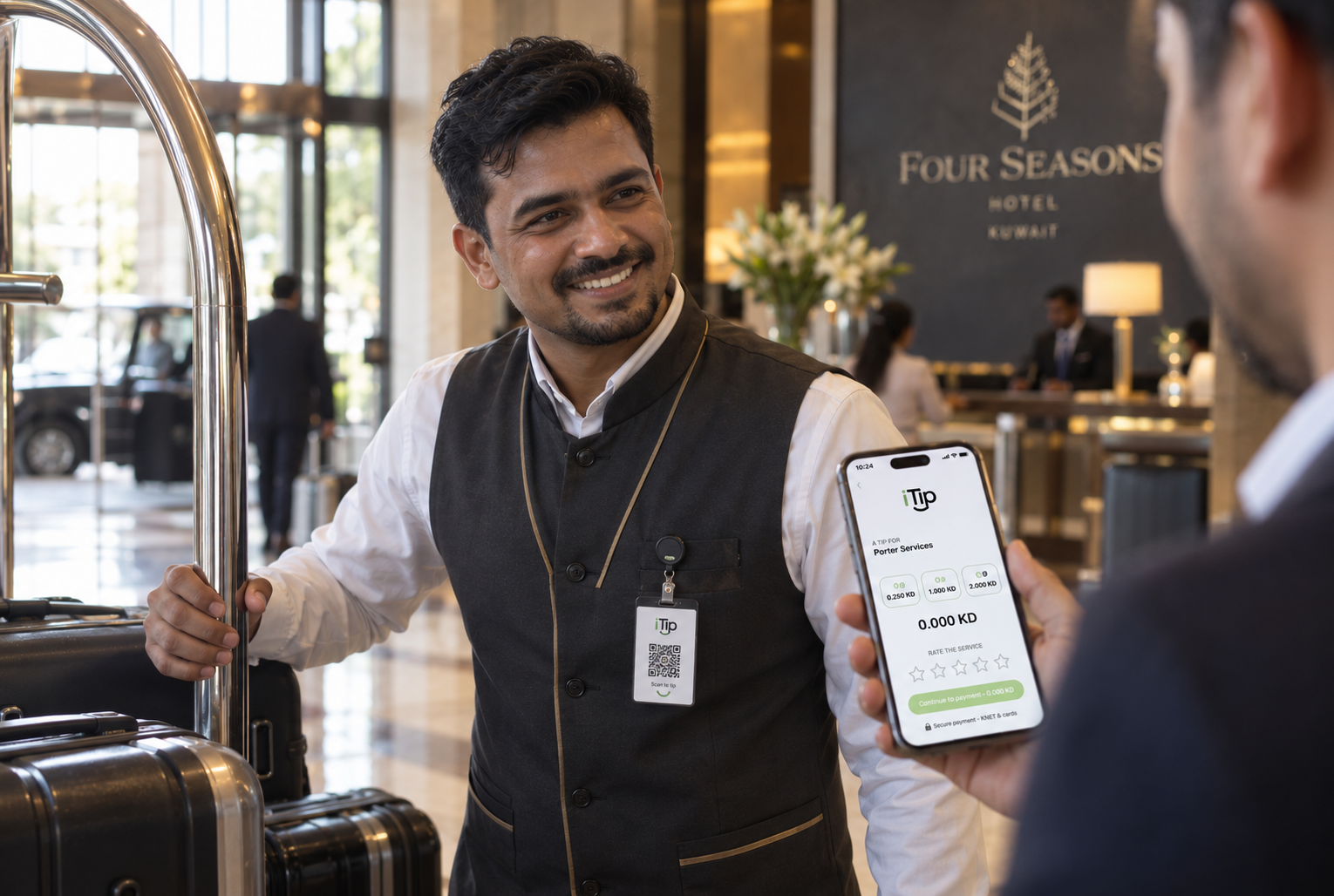 A smiling team member receiving a tip notification on their phone