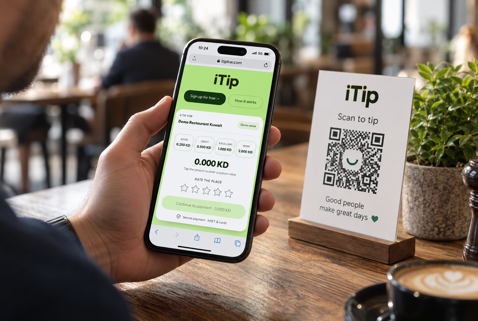 A guest scanning a table QR code with their phone in a café